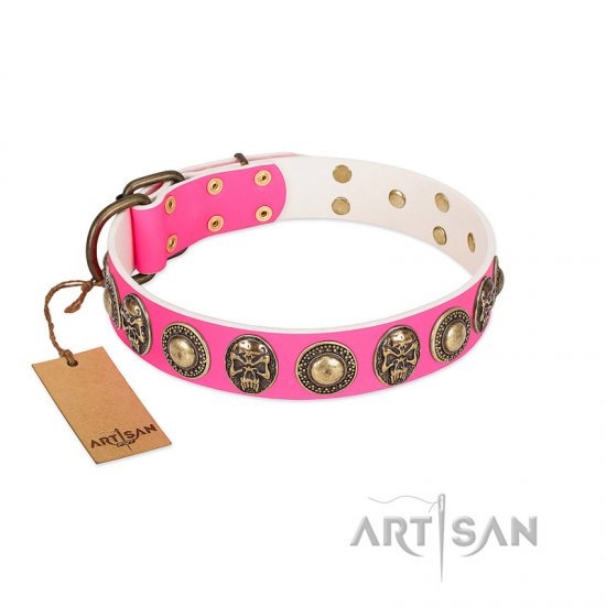 "Two Extremes" FDT Artisan Pink Leather Dog Collar with Elegant Conchos and Medallions with Skulls