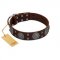 "Hypnotic Stones" FDT Artisan Brown Leather Dog Collar with Chrome Plated Brooches and Square Studs