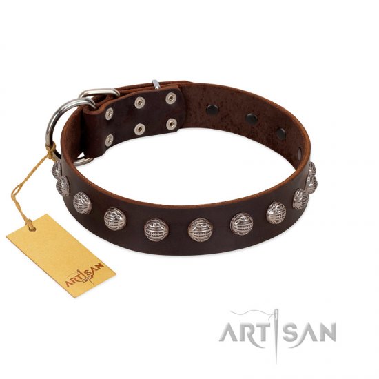 "Lucky Silver" Designer Handmade FDT Artisan Brown Leather Dog Collar - Click Image to Close