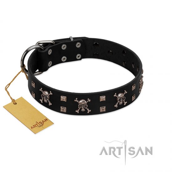 "Black Jack" Stylish Handmade FDT Artisan Black Leather Dog Collar - Click Image to Close