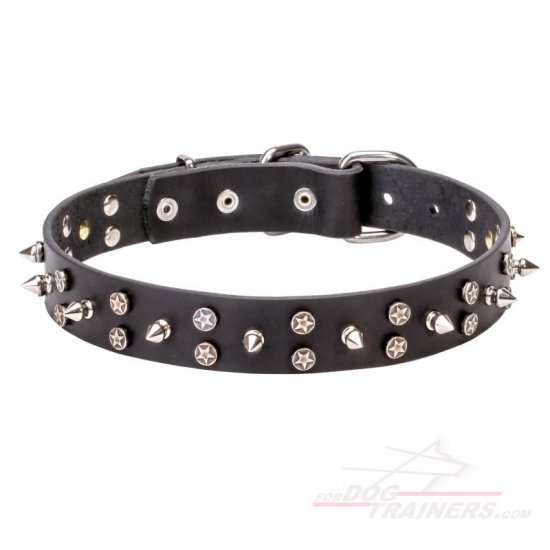 'Star-studded Sky' Leather Dog Collar with Chrome Plated Hardware - Click Image to Close