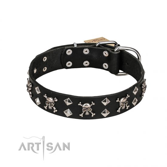 FDT Artisan Fancy Rock 'n' Roll Style Black Leather Dog Collar with Skulls, Bones and Studs 1 1/2 inch (40 mm) wide