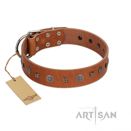 "Ancient Jewel" Designer FDT Artisan Tan Leather Dog Collar - Click Image to Close