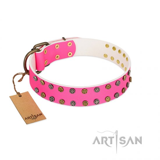 "Blushing Star" FDT Artisan Pink Leather Dog Collar with Two Rows of Small Studs - Click Image to Close