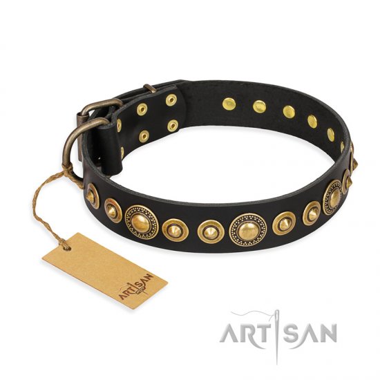 'Gold Mine' FDT Artisan Black Leather Dog Collar with Amazing Bronze-Plated Round Studs - Click Image to Close