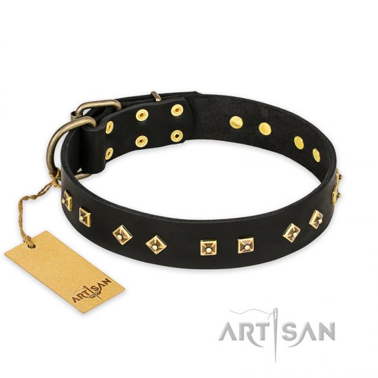 'Rhomb Style' FDT Artisan Decorated Leather Dog Collar with Old Bronze-Plated Studs 1 1/2 inch (40 mm) Wide - Click Image to Close