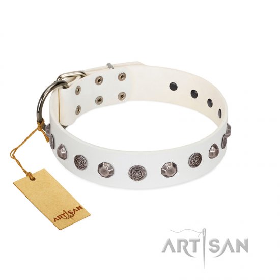 "Solar Energy" FDT Artisan White Leather Dog Collar with Silver-like Studs and Medallions