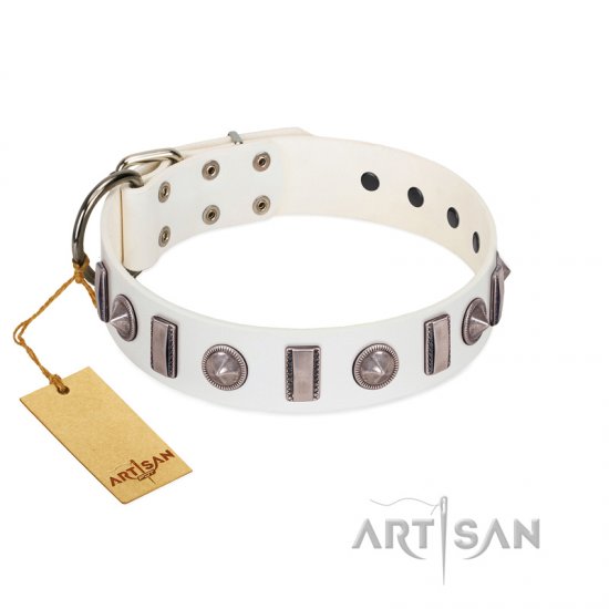 "Icy Spike" Designer FDT Artisan White Leather Dog Collar with Silver-Like Decorations