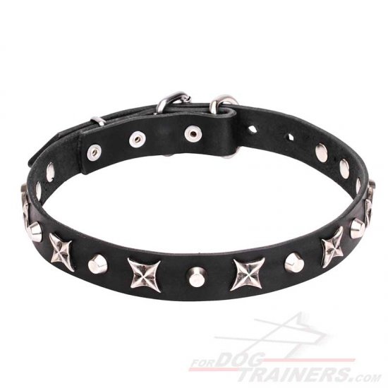 "Blazing Stars" Leather Dog Collar with Stars and Cones - 4/5 inch (25 mm)