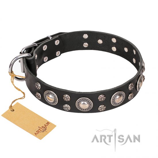 ‘Vintage Necklace’ FDT Artisan Studded Black Leather Dog Collar - Click Image to Close