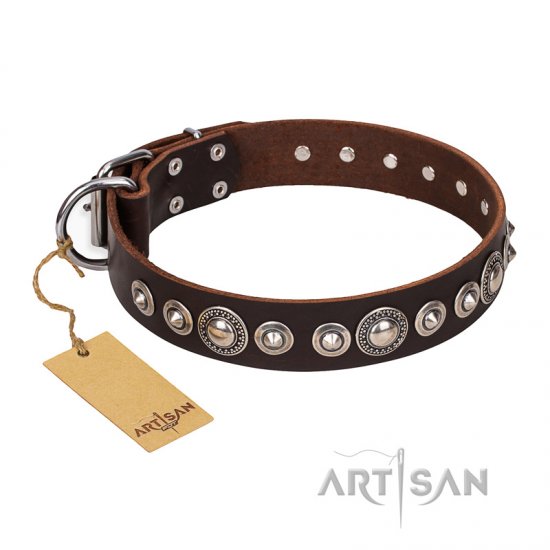 ‘Step and Sparkle’ FDT Artisan Glamorous Studded Brown Leather Dog Collar - Click Image to Close