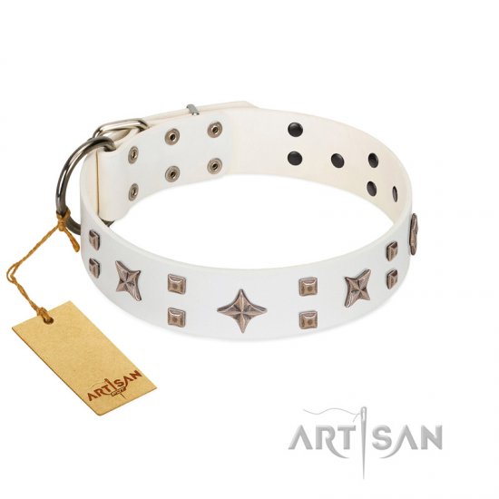 "Starry Heaven" Designer Handcrafted FDT Artisan White Leather Dog Collar with Stars and Studs - Click Image to Close