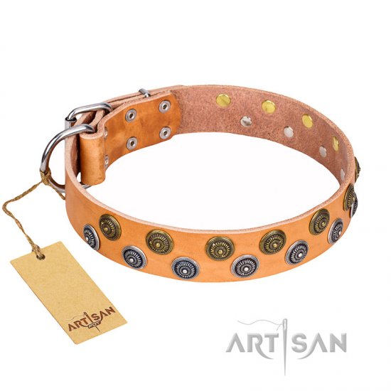 ‘Precious Sparkle’ FDT Artisan Handcrafted Tan Leather Dog Collar - Click Image to Close