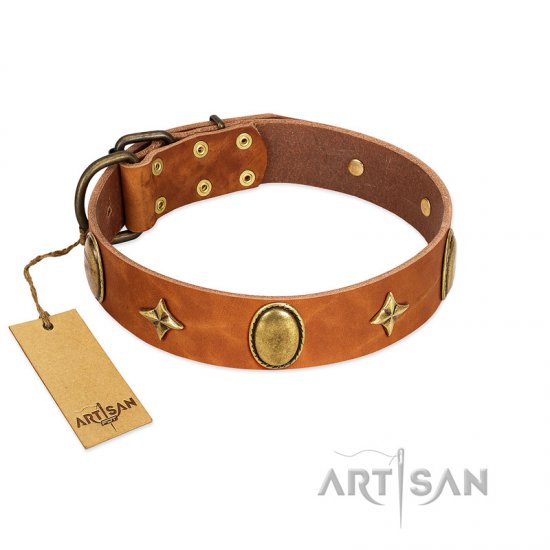 "Space Warrior" FDT Artisan Tan Leather Dog Collar with Ovals and Stars - Click Image to Close