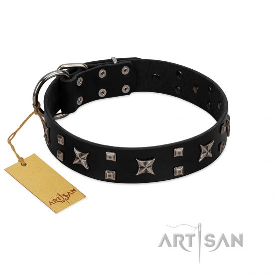 "Dreams in Stars" Modern FDT Artisan Black Leather Dog Collar with Studs and Stars - Click Image to Close