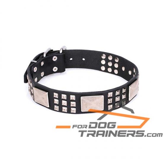 'Power’n’Strength' Premium Leather Dog Collar with Old Silver-Like Decoration 1 1/2 inch (40 mm) wide - Click Image to Close