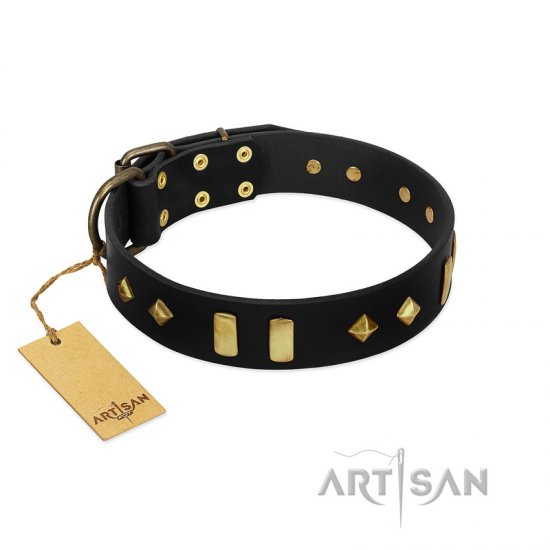 "De Luxe" FDT Artisan Black Leather Dog Collar with Old Bronze-like Plates and Studs - Click Image to Close