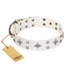 "The Milky Way" FDT Artisan White Leather Dog Collar Adorned with Stars and Tiny Squares