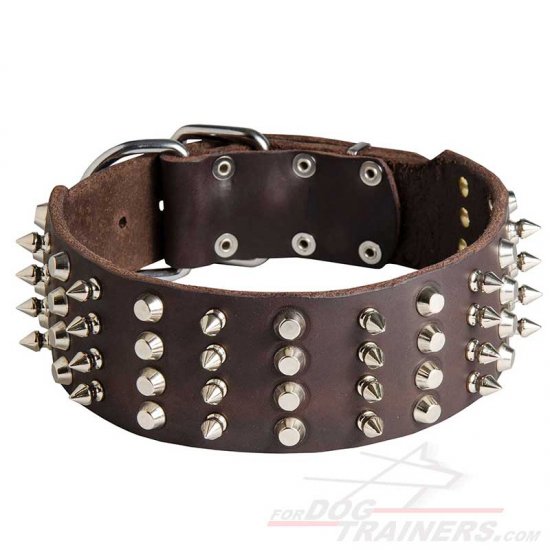 Extra Wide Leather Spiked and Studded Dog Collar - 2 inch - Click Image to Close