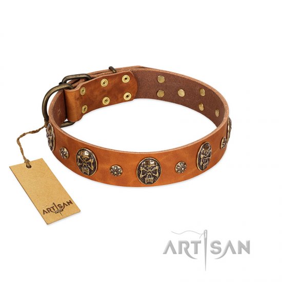 "Rockstar" FDT Artisan Tan Leather Dog Collar with Engraved Studs and Medallions - Click Image to Close