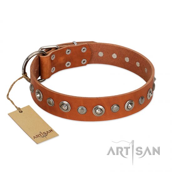 "Gorgeous Roundie" FDT Artisan Tan Leather Dog Collar with Chrome-plated Circles - 1 1/2 inch (40 mm) wide - Click Image to Close