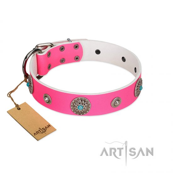 "Chili Mood" Designer Handmade FDT Artisan Pink Leather Dog Collar - Click Image to Close