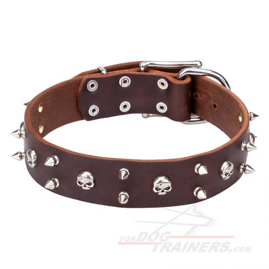 "Blackbeard" Leather Dog Collar with Skulls and Spikes - Click Image to Close