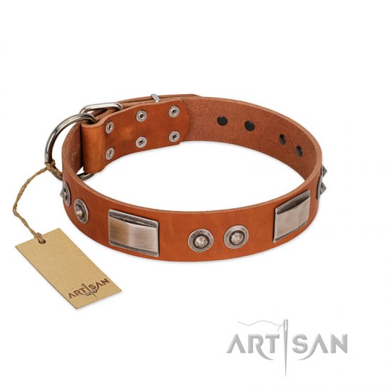 "Pawsy Glossy" FDT Artisan Exclusive Tan Leather Dog Collar 1 1/2 inch (40 mm) wide - Click Image to Close