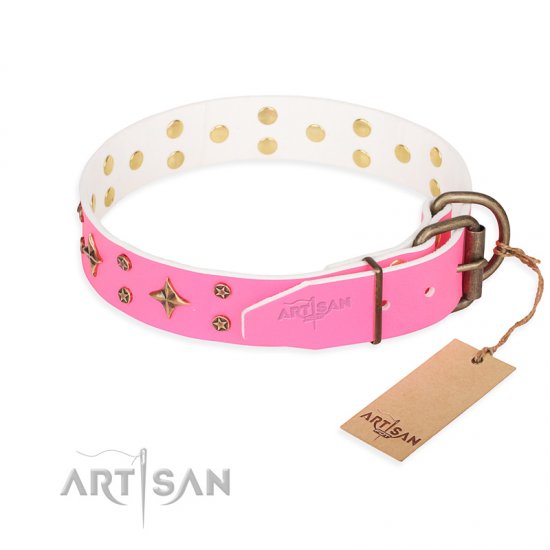 ‘Chi-Chi Pink Rose’ FDT Artisan Leather Dog Collar with Decorations - Click Image to Close