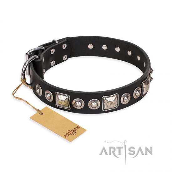 ‘Eternal Beauty and Style’ FDT Artisan Adorned Black Leather Dog Collar - Click Image to Close