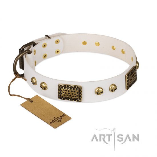 'Lost Treasures' FDT Artisan White Leather Dog Collar with Old Silver Look Plates and Skulls - 1 1/2 inch (40 mm) wide