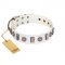 "Icy Spike" Designer FDT Artisan White Leather Dog Collar with Silver-Like Decorations