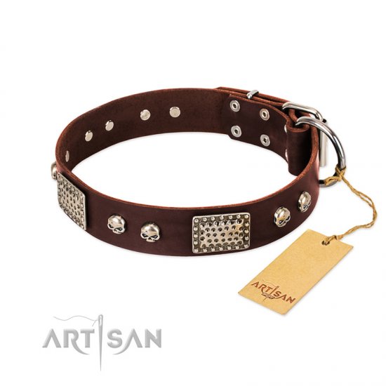 'Pirate Skull' FDT Artisan Brown Leather Dog Collar with Old Silver Look Plates and Skulls - 1 1/2 inch (40 mm) wide - Click Image to Close