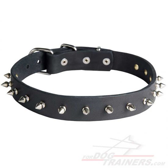 Handcrafted Leather Dog Collar with 1 Row of Silvery Spikes - Click Image to Close