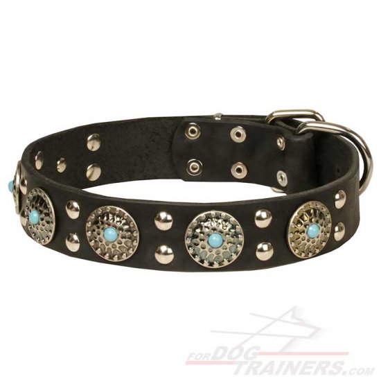 'Ace Style' Leather Dog Collar with Silver-like Decorations - Click Image to Close