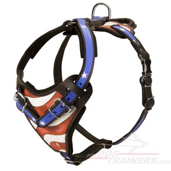 Cool Handpainted American Flag Leather Dog Harness for Agitation/Protection/Attack Training