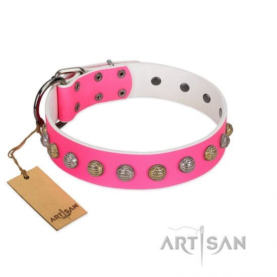 "Roseate Caprice" Designer Handmade FDT Artisan Pink Leather Dog Collar - Click Image to Close