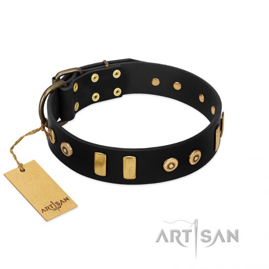 "Rare Dog" FDT Artisan Black Leather Dog Collar with Old Bronze-like Dotted Studs and Tiles