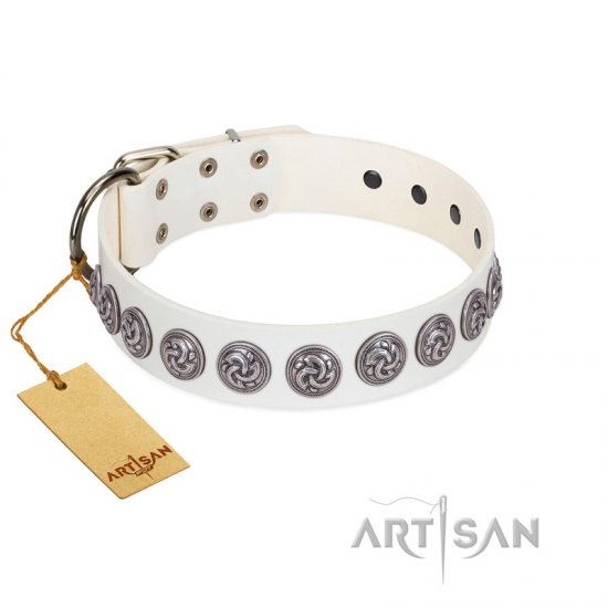 "Bohemian Spirit" Handmade FDT Artisan White Leather Dog Collar with Vintage Decorations