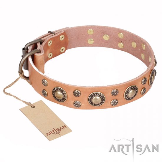 "Sophisticated Glamor" FDT Artisan Leather Dog Collar with Fancy Old-bronze Plated Decorations - 1 1/2 inch (40 mm) wide - Click Image to Close