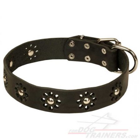 "Flower Blues" Leather Dog Collar for Walking in Style