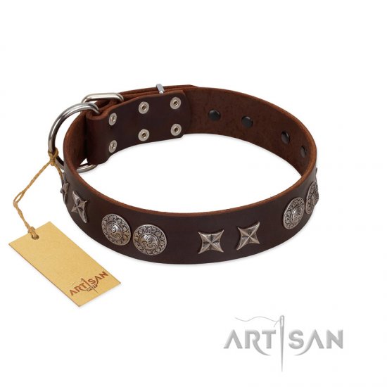 "Antique Style" Designer Handmade FDT Artisan Brown Leather Dog Collar - Click Image to Close