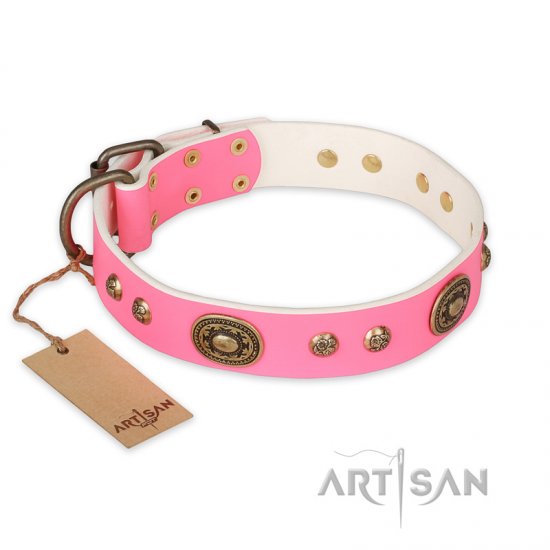 FDT Artisan 'Sensational Beauty' Pink Leather Dog Collar with Old Bronze Look Plates and Studs - 1 1/2 inch (40 mm) wide - Click Image to Close