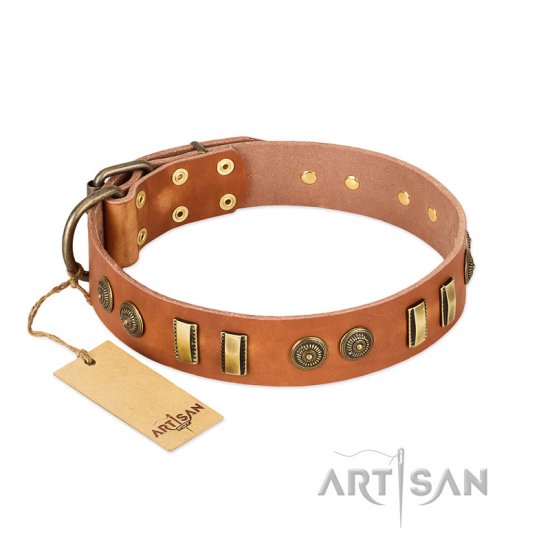 'Natural Beauty' FDT Artisan Tan Leather Dog Collar with Old Bronze-like Circles and Plates - 1 1/2 inch (40 mm) wide - Click Image to Close