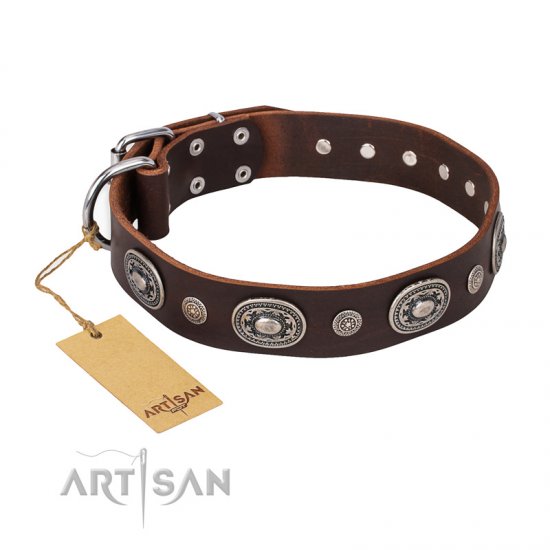 'Extra Pizzazz' FDT Artisan Adorned Brown Leather Dog Collar - Click Image to Close