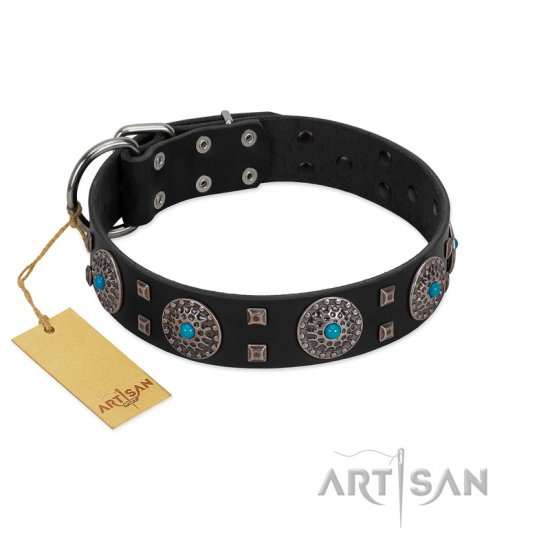 "Boundless Blue" FDT Artisan Black Leather Dog Collar with Chrome Plated Brooches and Square Studs - Click Image to Close