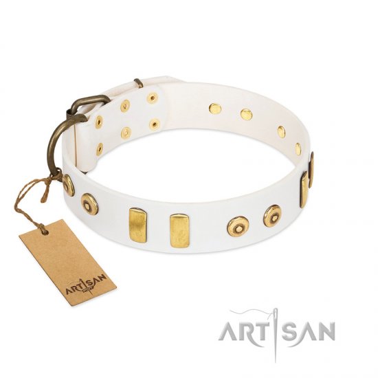 "Golden Union" Elegant FDT Artisan White Leather Dog Collar with Old Bronze-like Dotted Studs and Tiles