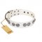 "Eye Candy" Appealing FDT Artisan White Leather Dog Collar with Chrome Plated Medallions