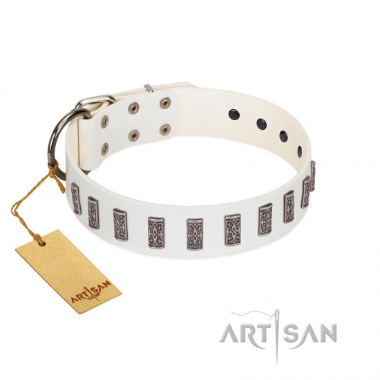 "Heaven's Gates" Handmade FDT Artisan White Leather Dog Collar with Silver-Like Engraved Plates