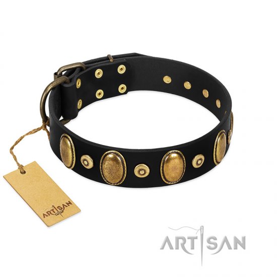 "Venerable Pawty" FDT Artisan Black Leather Dog Collar with Old Bronze-like Ovals and Studs